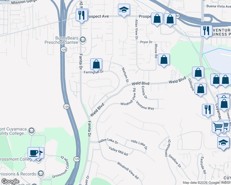 map of restaurants, bars, coffee shops, grocery stores, and more near 2182 Farrington Drive in El Cajon