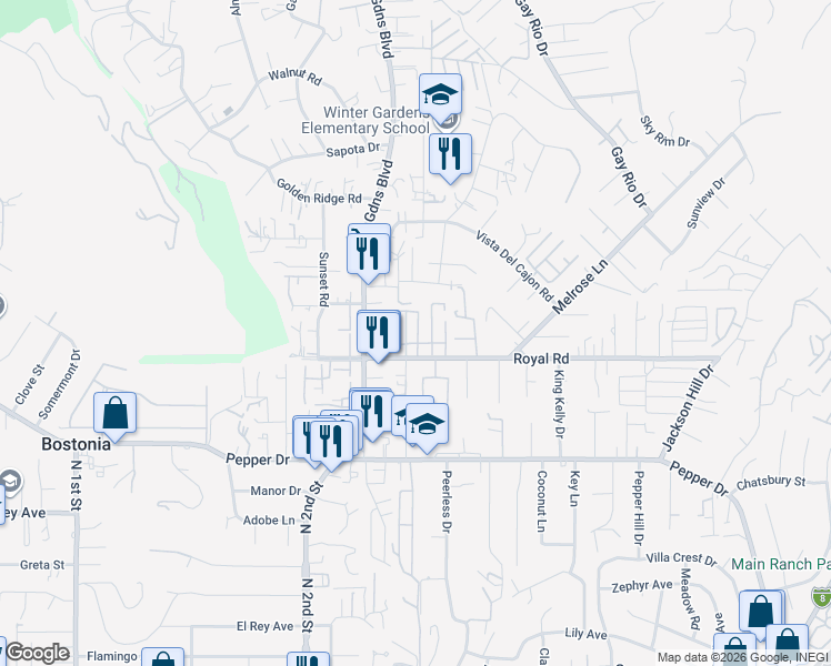 map of restaurants, bars, coffee shops, grocery stores, and more near 12044 Royal Road in El Cajon