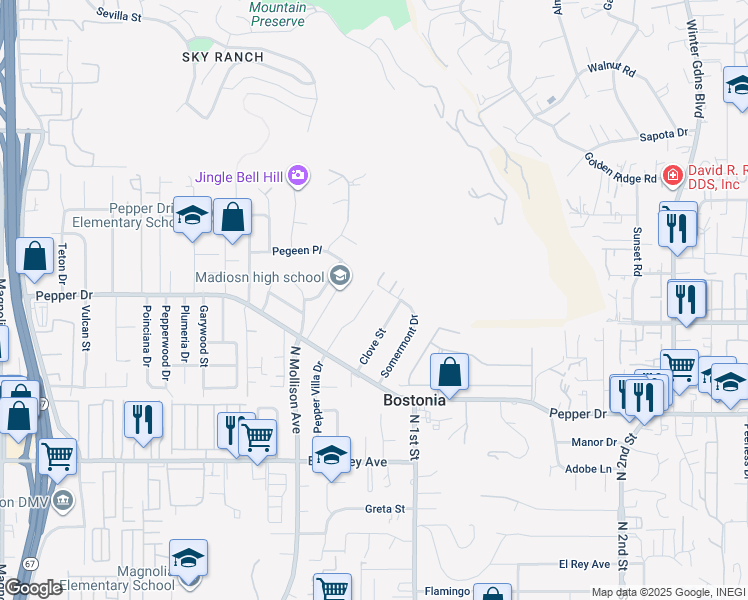 map of restaurants, bars, coffee shops, grocery stores, and more near 1391 Peppervilla Drive in El Cajon