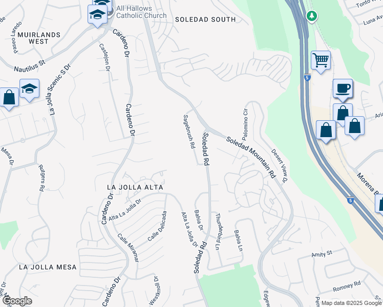 map of restaurants, bars, coffee shops, grocery stores, and more near 5850 Sagebrush Road in San Diego