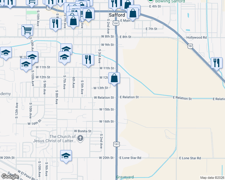 map of restaurants, bars, coffee shops, grocery stores, and more near 1308 South 1st Avenue in Safford