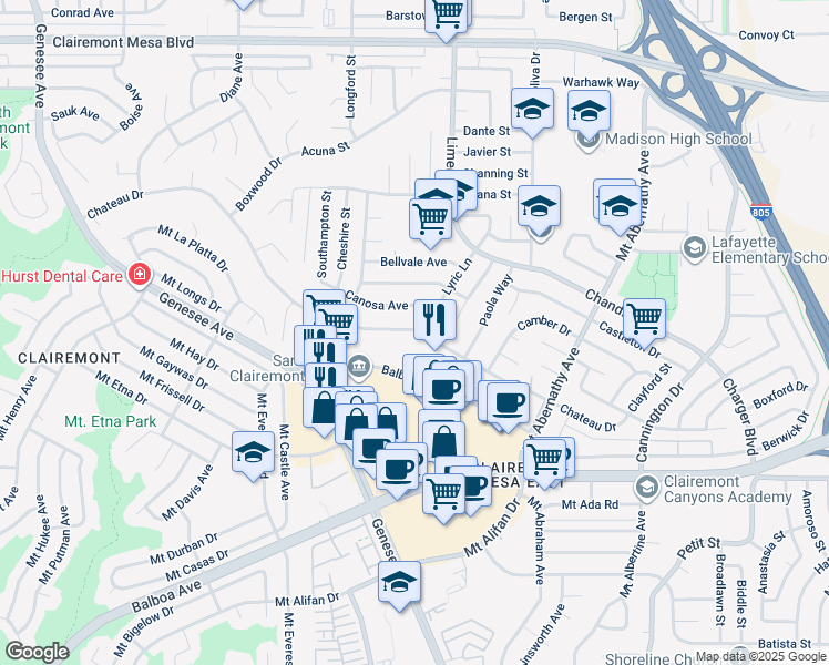 map of restaurants, bars, coffee shops, grocery stores, and more near 5252 Balboa Arms Drive in San Diego