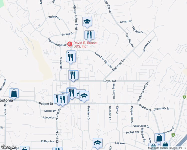 map of restaurants, bars, coffee shops, grocery stores, and more near 8128 Royal Park Lane in El Cajon