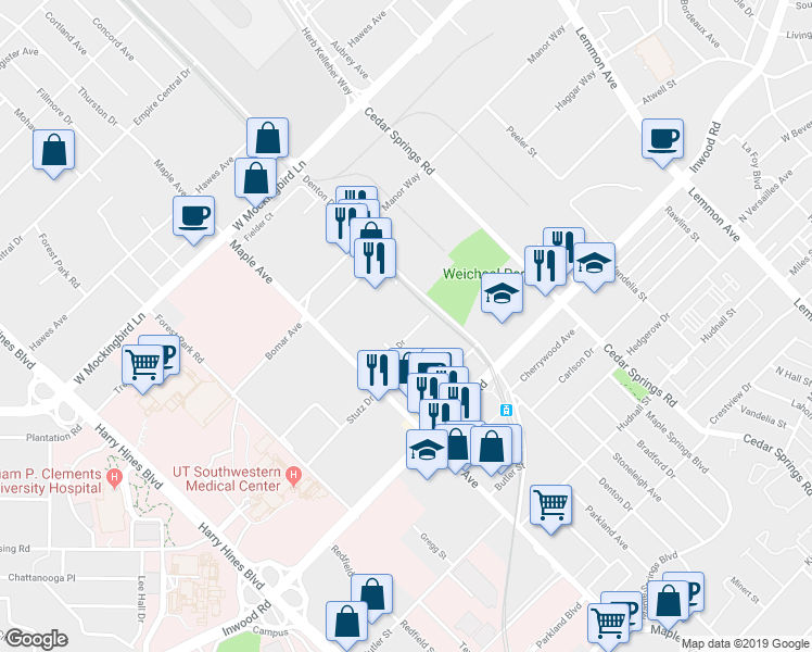 map of restaurants, bars, coffee shops, grocery stores, and more near 2703 Kimsey Drive in Dallas