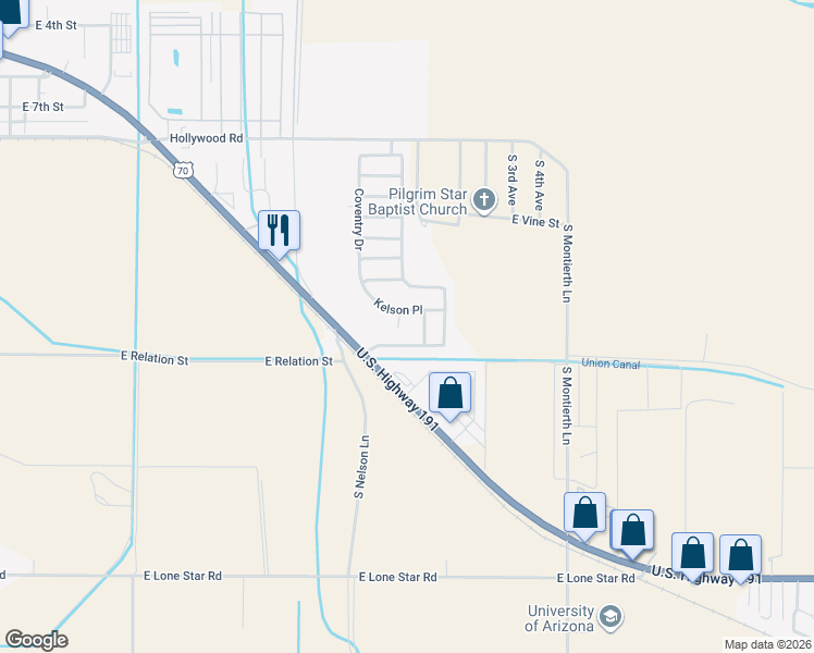 map of restaurants, bars, coffee shops, grocery stores, and more near 1354 S Kuhni Ct in Safford