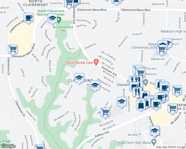 map of restaurants, bars, coffee shops, grocery stores, and more near 4690 Mount Frissell Drive in San Diego