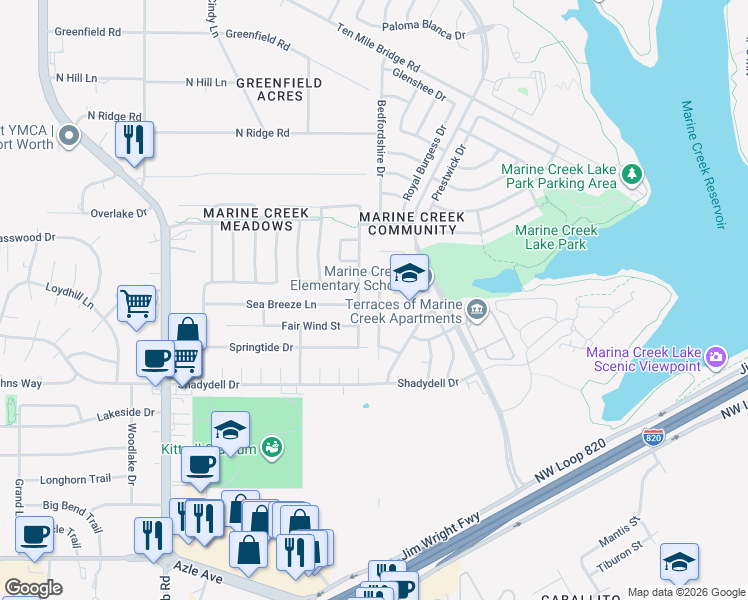 map of restaurants, bars, coffee shops, grocery stores, and more near 4801 Barnhill Lane in Fort Worth