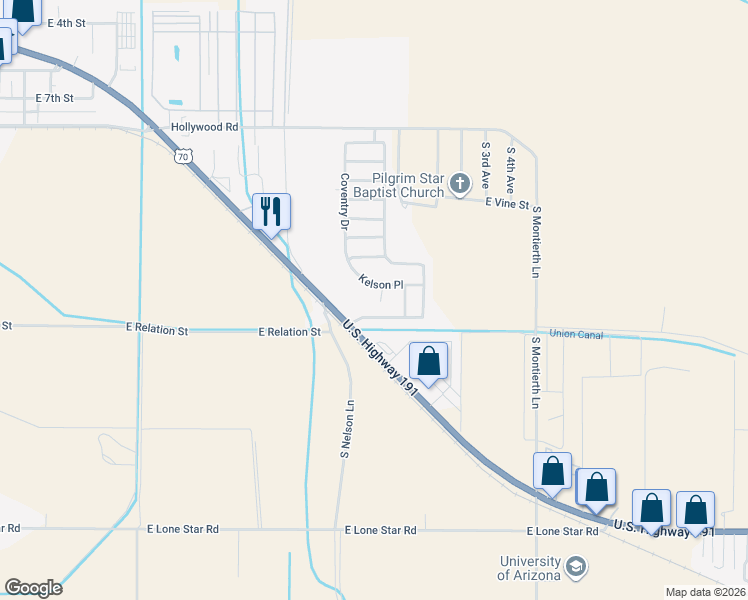 map of restaurants, bars, coffee shops, grocery stores, and more near 1354 S Kuhni Ct in Safford