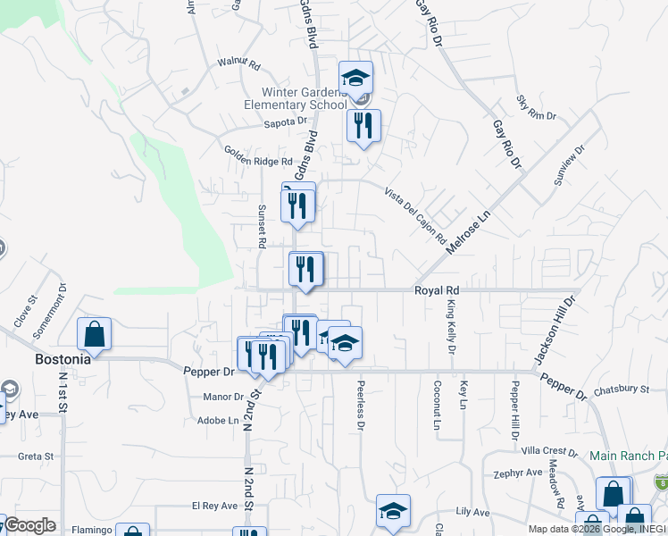 map of restaurants, bars, coffee shops, grocery stores, and more near 12044 Royal Road in El Cajon