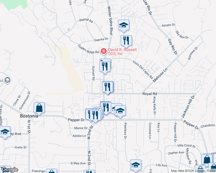 map of restaurants, bars, coffee shops, grocery stores, and more near 12020 Royal Road in Lakeside