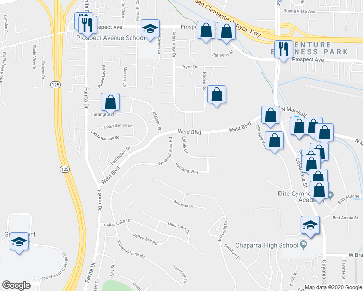 map of restaurants, bars, coffee shops, grocery stores, and more near 2120 Estela Drive in El Cajon