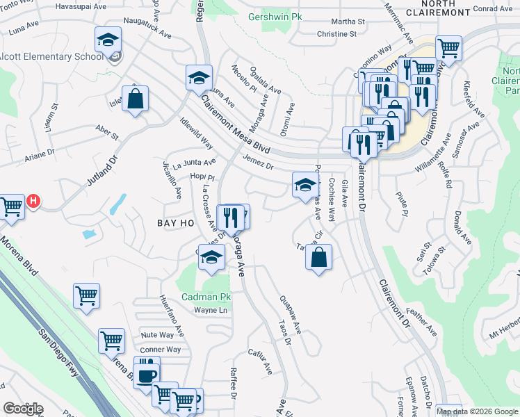 map of restaurants, bars, coffee shops, grocery stores, and more near 4404 Hedionda Court in San Diego