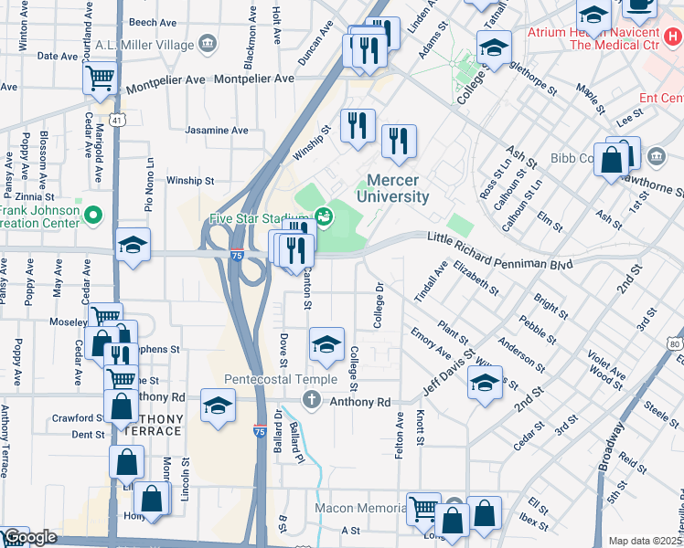 map of restaurants, bars, coffee shops, grocery stores, and more near 1881 College Street in Macon