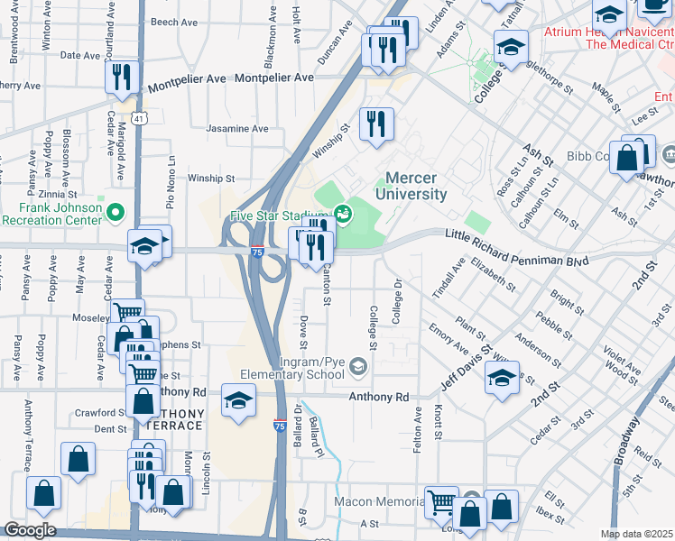 map of restaurants, bars, coffee shops, grocery stores, and more near 1840 Canton St in Macon