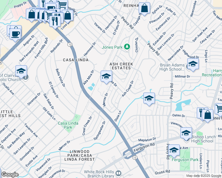map of restaurants, bars, coffee shops, grocery stores, and more near 9544 Mercer Drive in Dallas