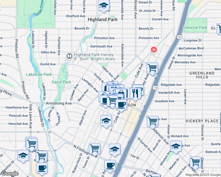 map of restaurants, bars, coffee shops, grocery stores, and more near 4611 Travis Street in Dallas