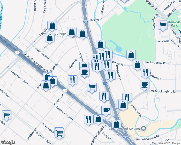 map of restaurants, bars, coffee shops, grocery stores, and more near 8223 North Stemmons Freeway in Dallas