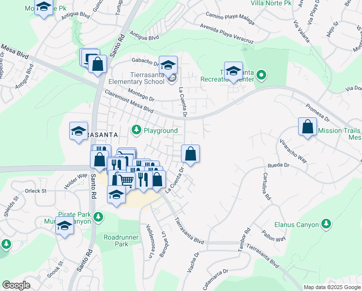 map of restaurants, bars, coffee shops, grocery stores, and more near 5137 Abuela Drive in San Diego