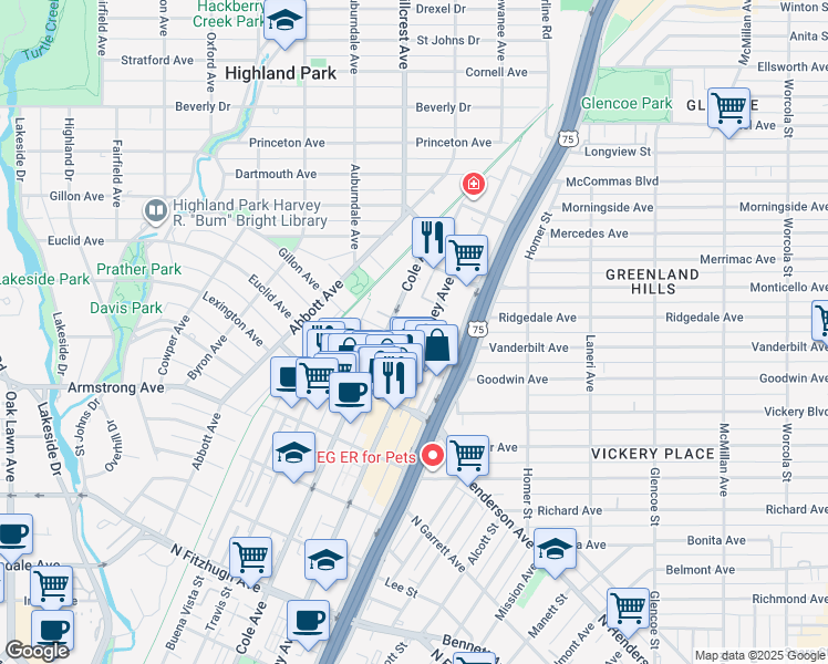 map of restaurants, bars, coffee shops, grocery stores, and more near 4703 McKinney Avenue in Dallas