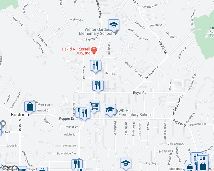map of restaurants, bars, coffee shops, grocery stores, and more near 12044 Royal Road in El Cajon