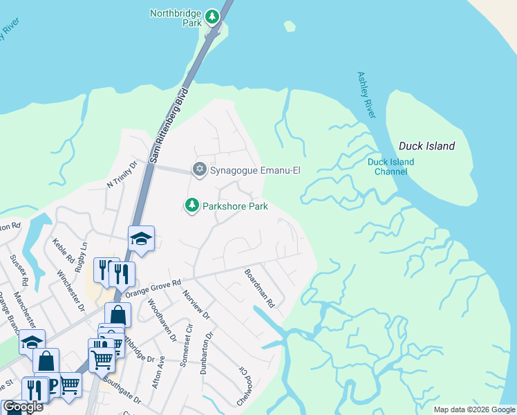 map of restaurants, bars, coffee shops, grocery stores, and more near 23 Buckingham Drive in Charleston