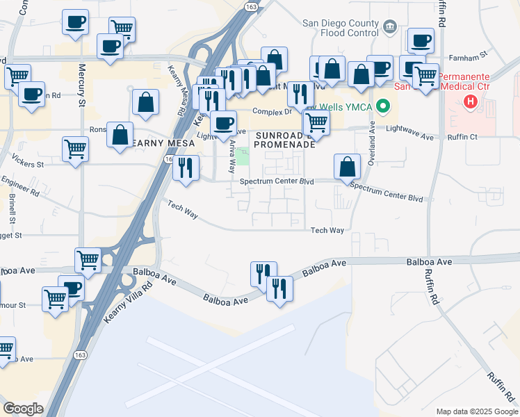 map of restaurants, bars, coffee shops, grocery stores, and more near 8823 Spectrum Center Boulevard in San Diego