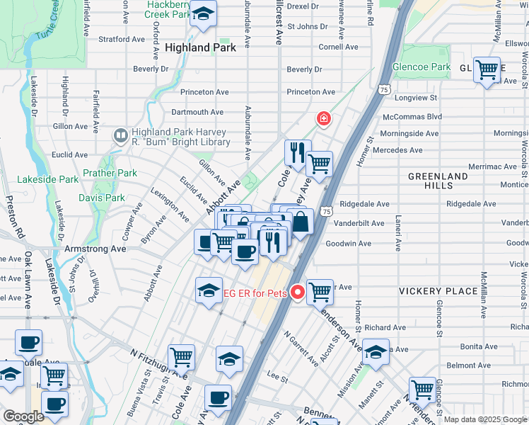 map of restaurants, bars, coffee shops, grocery stores, and more near 4703 McKinney Avenue in Dallas