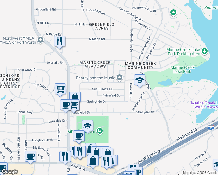 map of restaurants, bars, coffee shops, grocery stores, and more near 5744 Sea Breeze Lane in Fort Worth