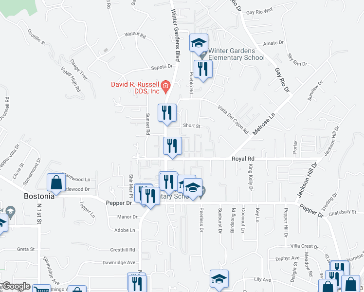 map of restaurants, bars, coffee shops, grocery stores, and more near 12044 Royal Road in El Cajon