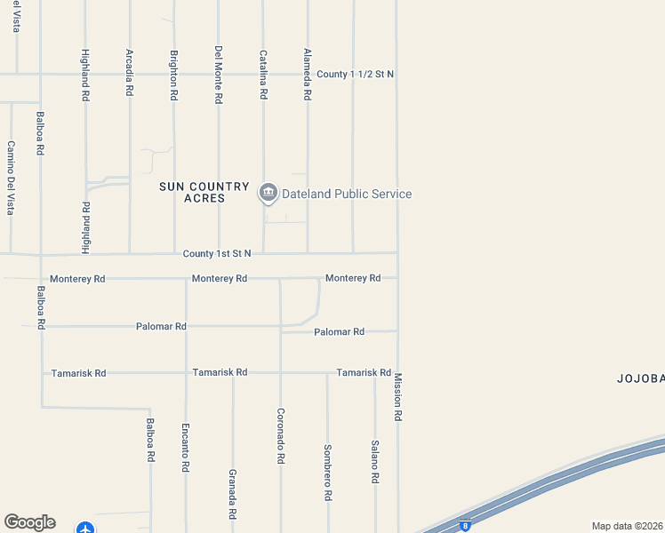 map of restaurants, bars, coffee shops, grocery stores, and more near 65823 Monterey Road in Dateland