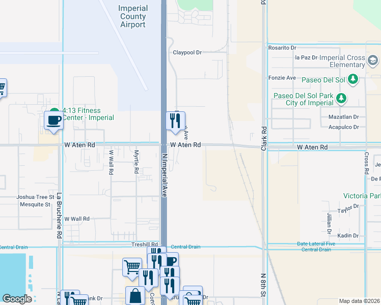 map of restaurants, bars, coffee shops, grocery stores, and more near 385 West Aten Road in Imperial