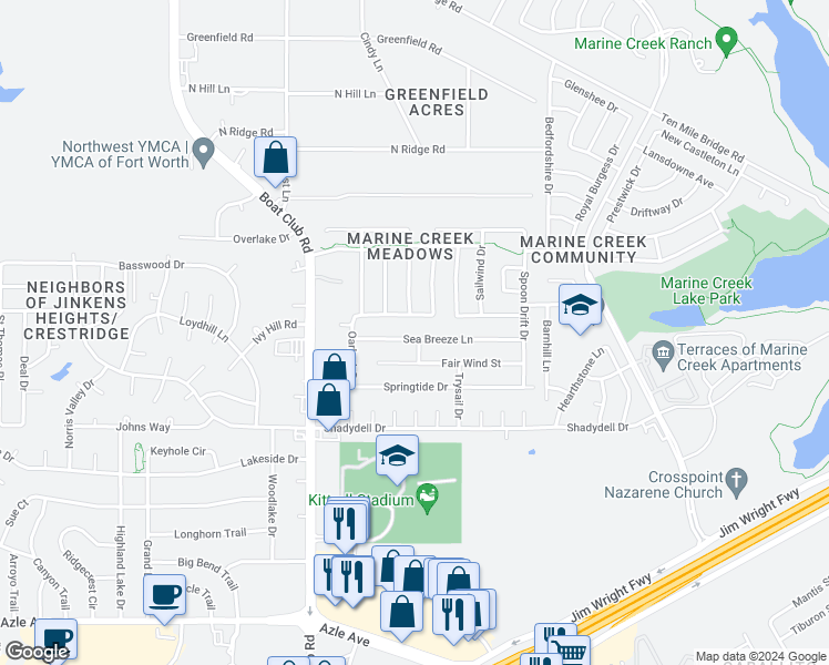 map of restaurants, bars, coffee shops, grocery stores, and more near 5900 Sea Breeze Lane in Fort Worth