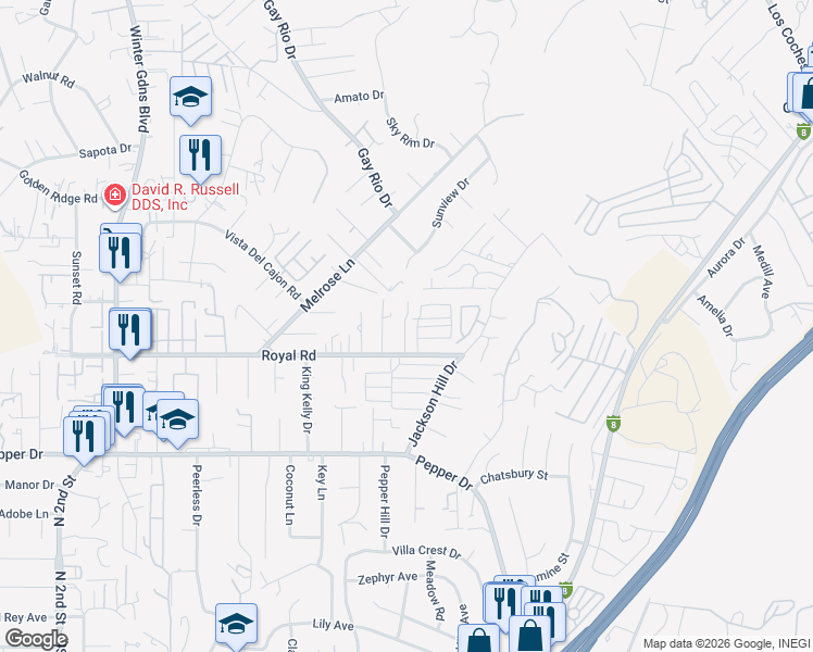 map of restaurants, bars, coffee shops, grocery stores, and more near 12506 Royal Road in El Cajon
