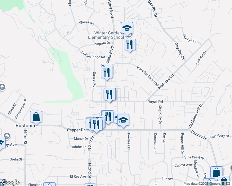 map of restaurants, bars, coffee shops, grocery stores, and more near 12020 Royal Road in Lakeside
