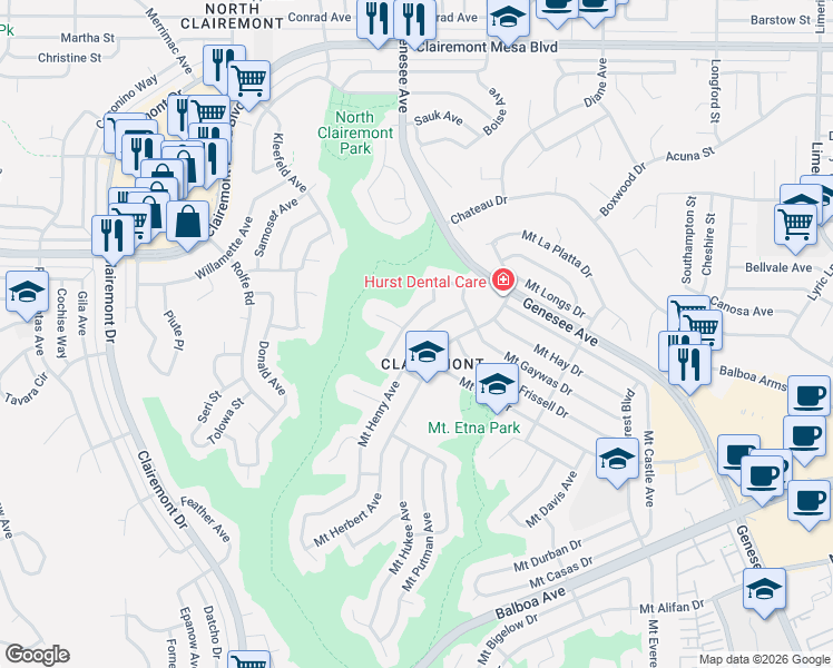 map of restaurants, bars, coffee shops, grocery stores, and more near 4411 Mount Lindsey Avenue in San Diego