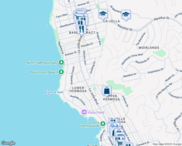 map of restaurants, bars, coffee shops, grocery stores, and more near 6261 Dowling Drive in San Diego