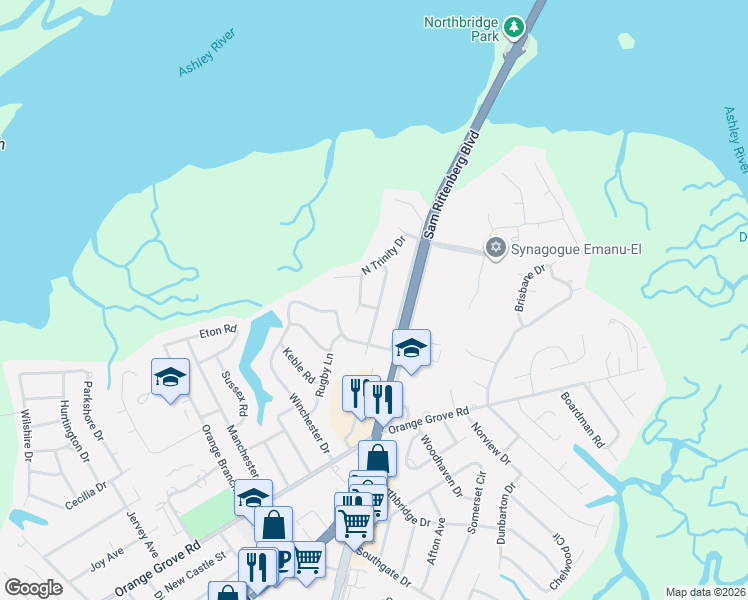 map of restaurants, bars, coffee shops, grocery stores, and more near 1920 Westminster Road in Charleston