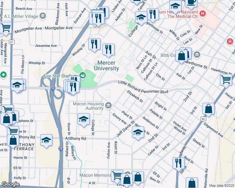 map of restaurants, bars, coffee shops, grocery stores, and more near 320 Elizabeth Street in Macon