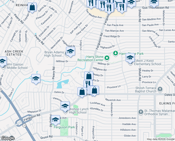 map of restaurants, bars, coffee shops, grocery stores, and more near 2224 Healey Drive in Dallas