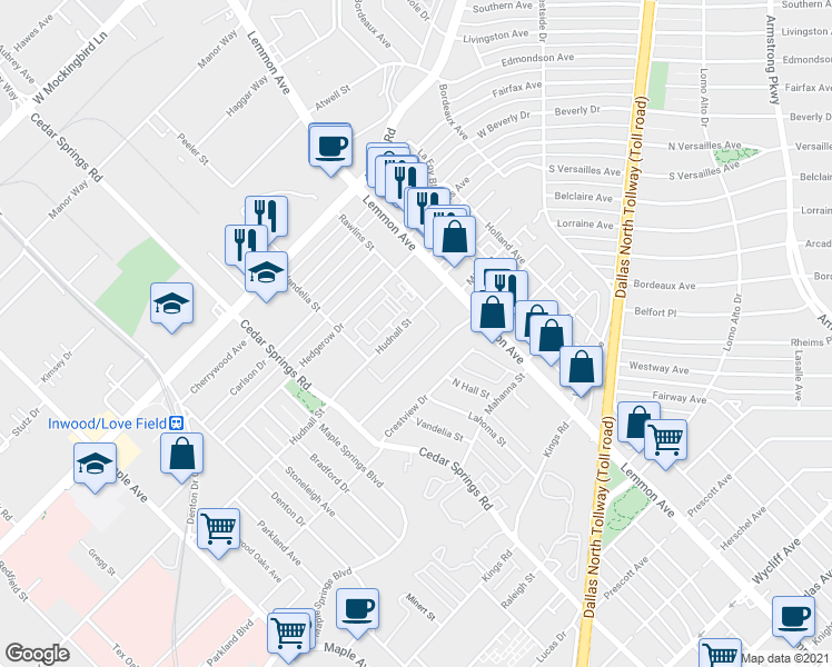 map of restaurants, bars, coffee shops, grocery stores, and more near 3357 Cedarplaza Lane in Dallas
