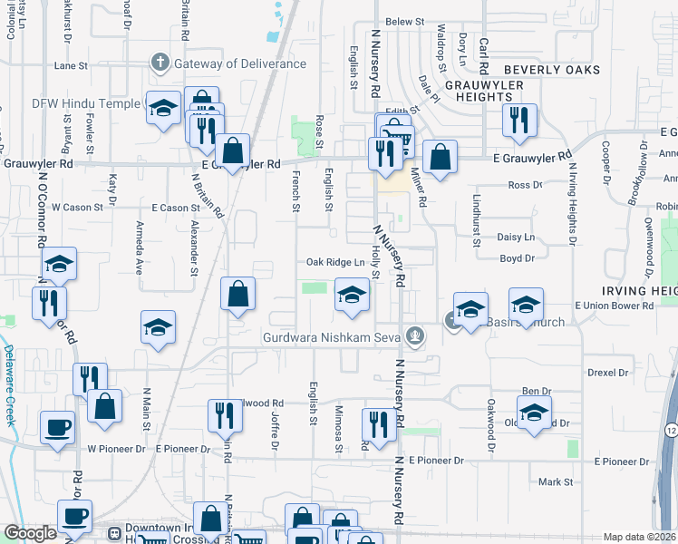 map of restaurants, bars, coffee shops, grocery stores, and more near 630 Oak Ridge Lane in Irving
