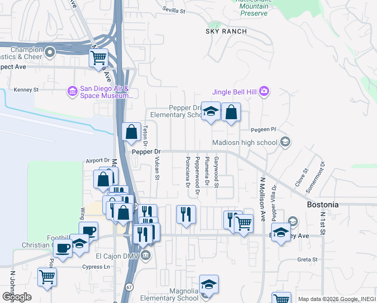 map of restaurants, bars, coffee shops, grocery stores, and more near 1760 Poinciana Drive in El Cajon