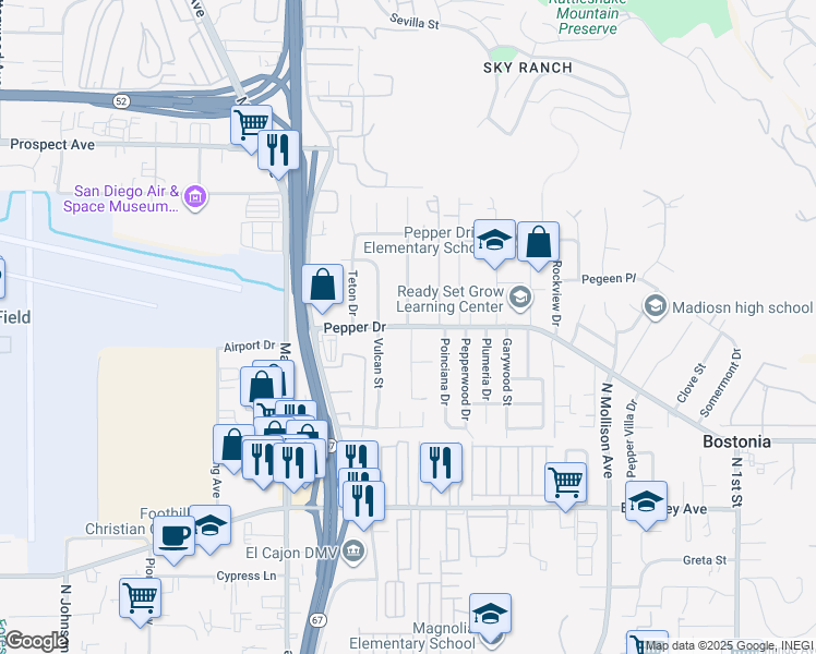 map of restaurants, bars, coffee shops, grocery stores, and more near Pepper Drive & Roxanne Drive in El Cajon