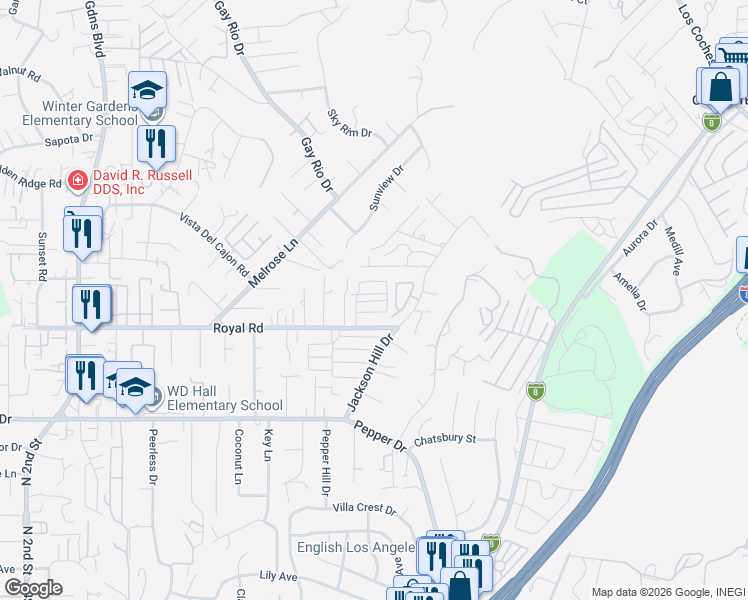 map of restaurants, bars, coffee shops, grocery stores, and more near 12564 Royal Road in El Cajon