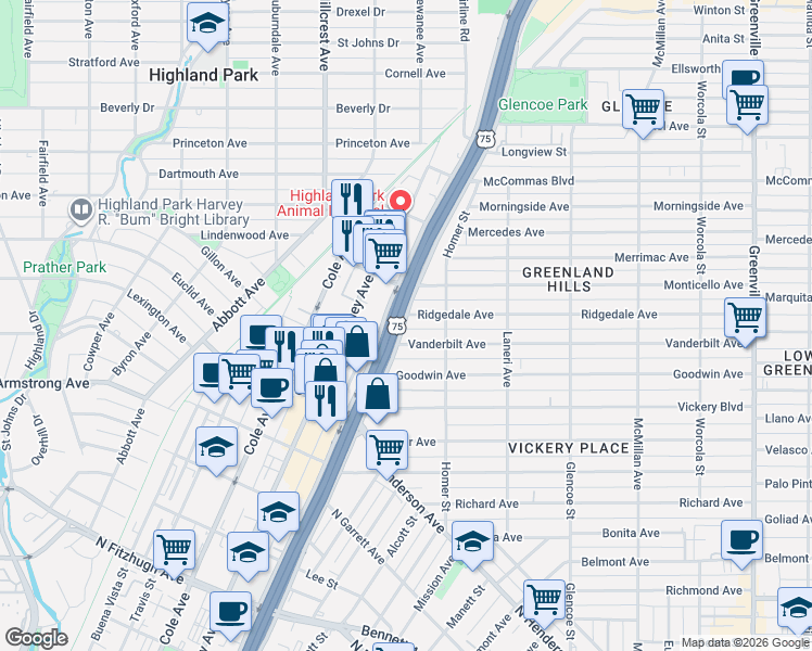 map of restaurants, bars, coffee shops, grocery stores, and more near 510 Vanderbilt Avenue in Dallas