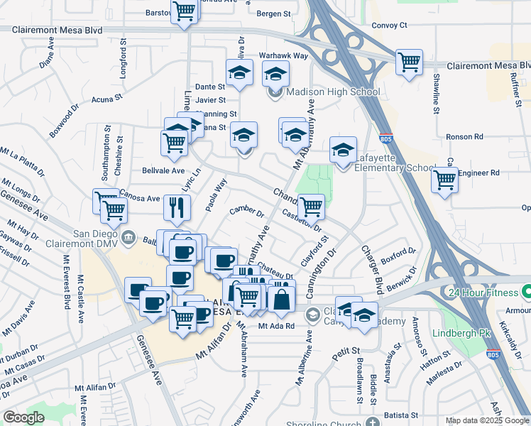 map of restaurants, bars, coffee shops, grocery stores, and more near 5768 Camber Drive in San Diego