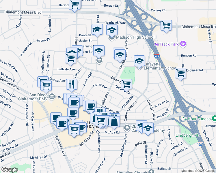 map of restaurants, bars, coffee shops, grocery stores, and more near 5768 Camber Drive in San Diego