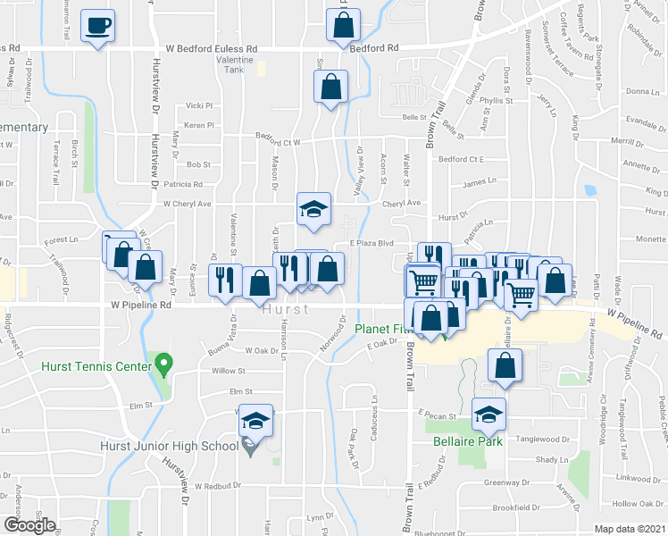 map of restaurants, bars, coffee shops, grocery stores, and more near 929 Norwood Drive in Hurst