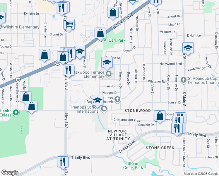 map of restaurants, bars, coffee shops, grocery stores, and more near 701 Hodges Drive in Euless