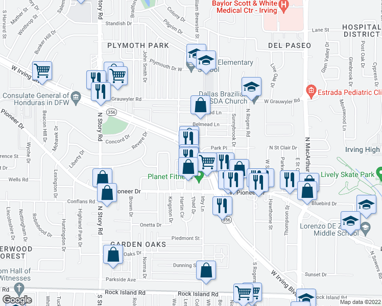 map of restaurants, bars, coffee shops, grocery stores, and more near West Irving Boulevard in Irving